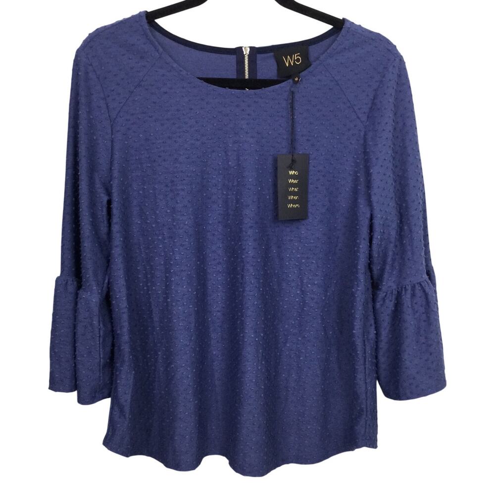 W5 Swiss Dot Minimalist Textured Feminine Chic Scoop Neck 3/4 Bell Sleeve Top M